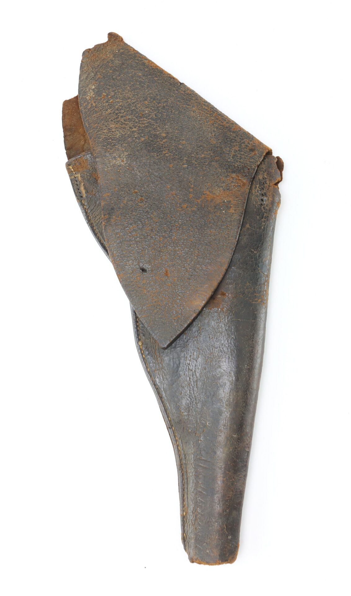 A worn, dark leather holster with visible creases and signs of age, photographed against a plain white background.