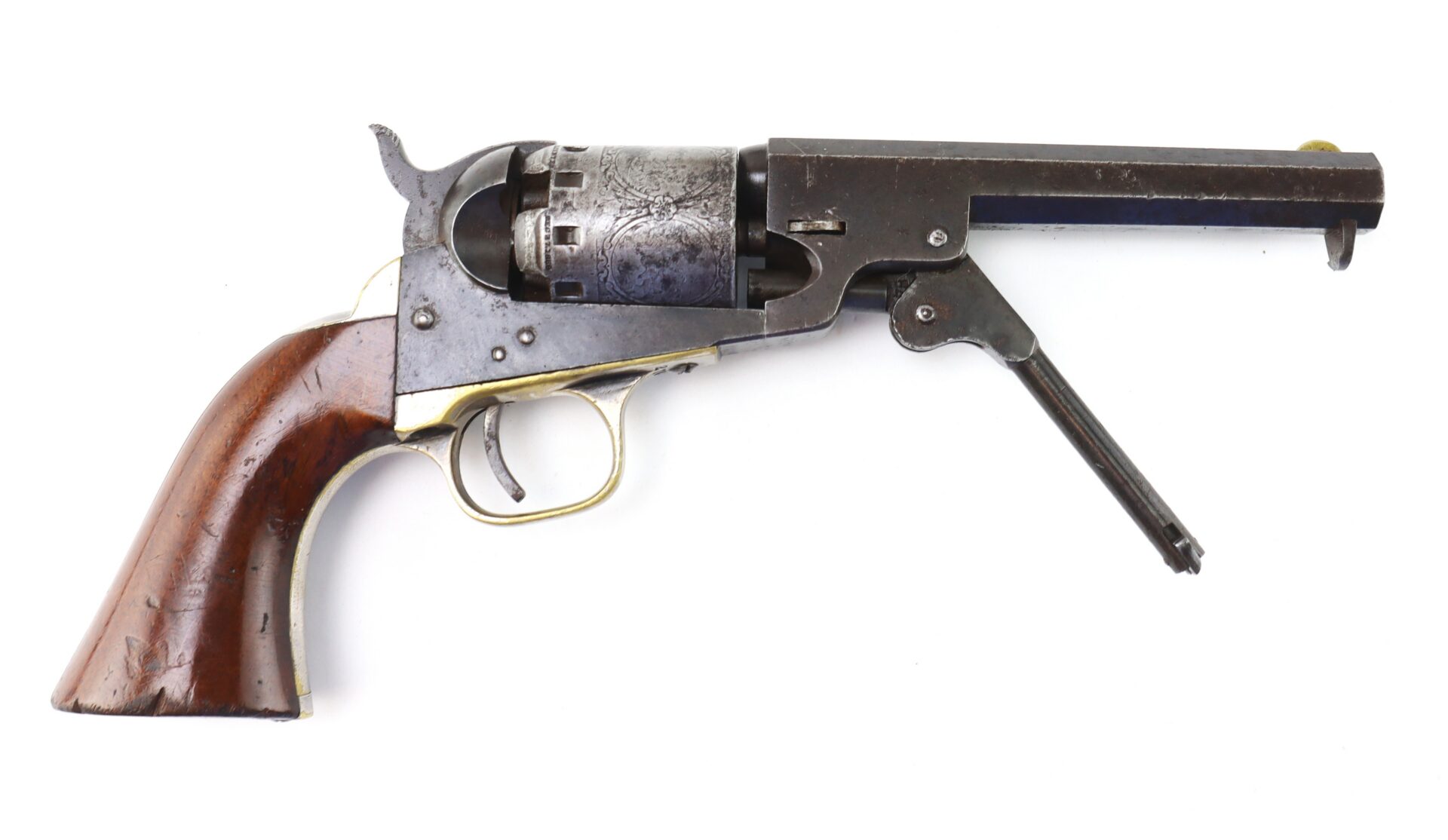 An antique revolver with a wooden grip and a partially open loading lever, displayed on a white background.