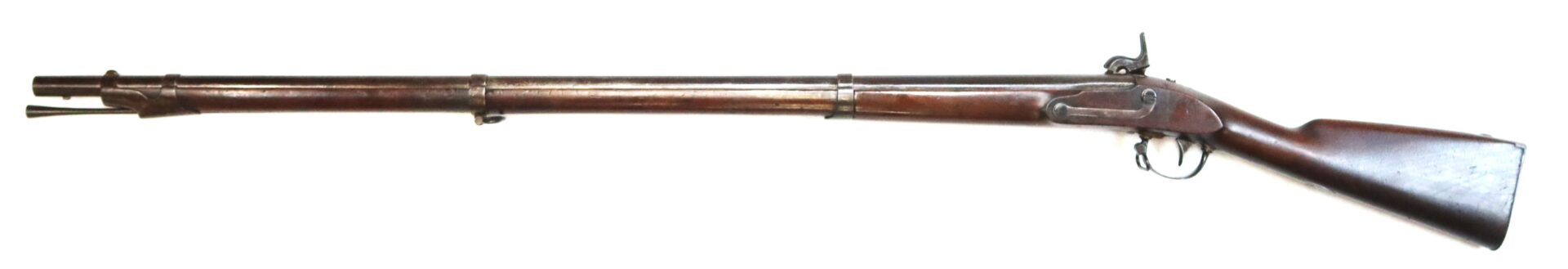 A vintage, brown wooden and metal musket rifle with a long barrel and iron sights, displayed on a white background.
