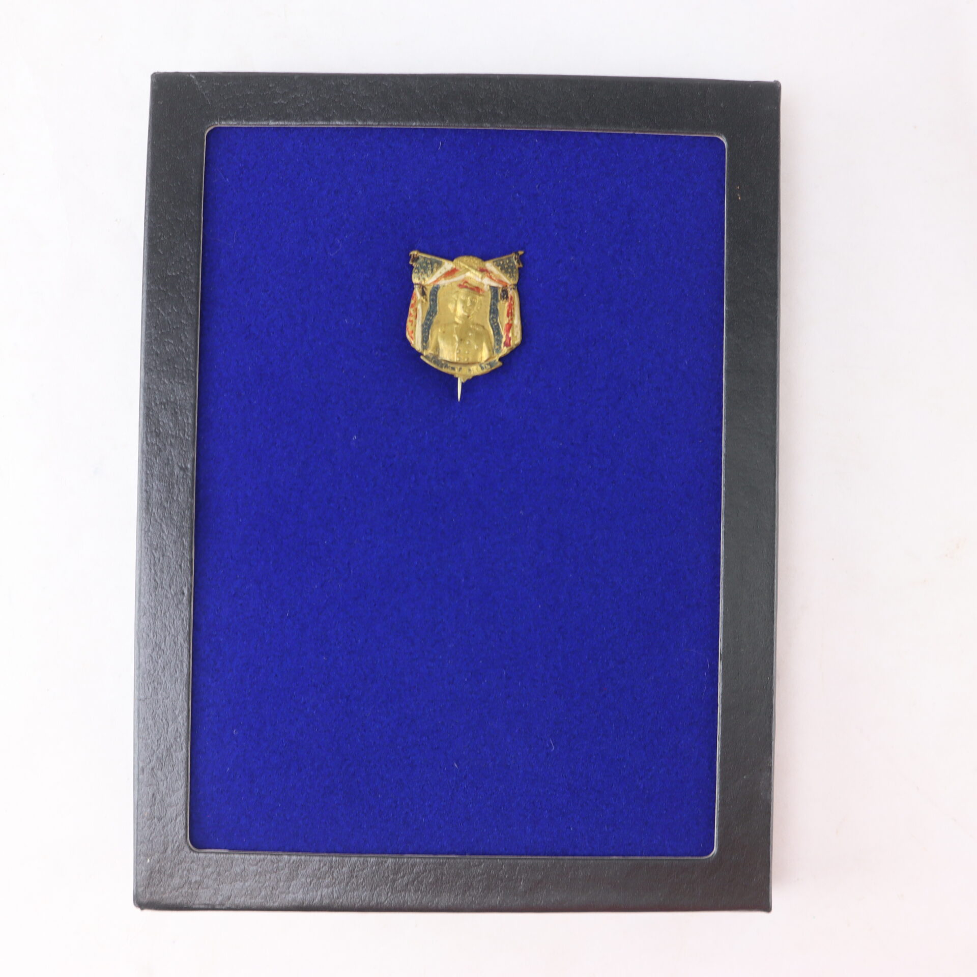 A gold-colored badge with a red detail is displayed on a blue felt background inside a black rectangular frame.
