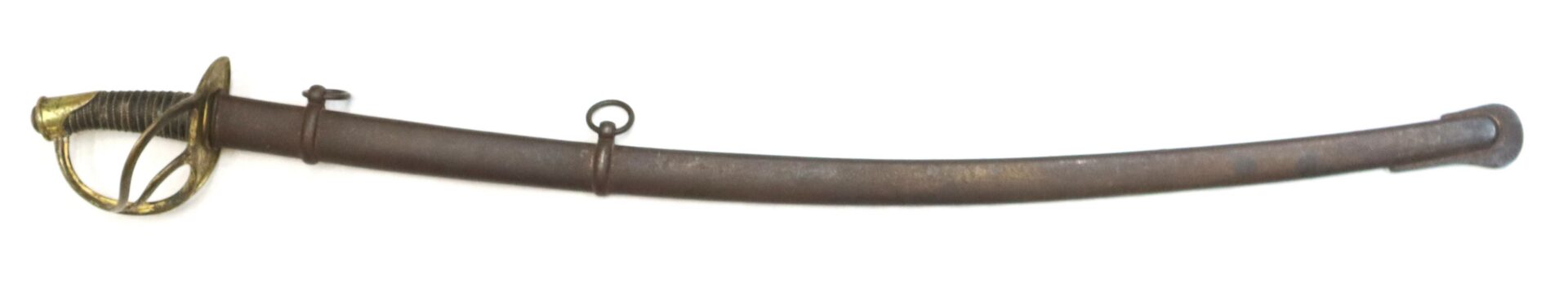 A vintage cavalry saber with a brass hilt and a curved blade, sheathed in a metal scabbard with two suspension rings.