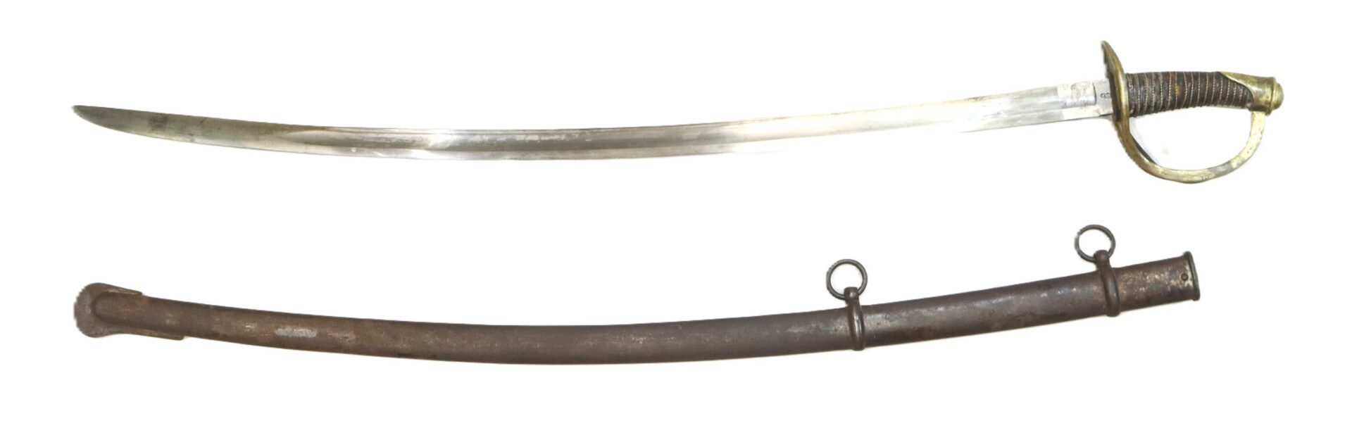 A curved sword with a brass hilt and knuckle guard is paired with a metal scabbard featuring two suspension rings.