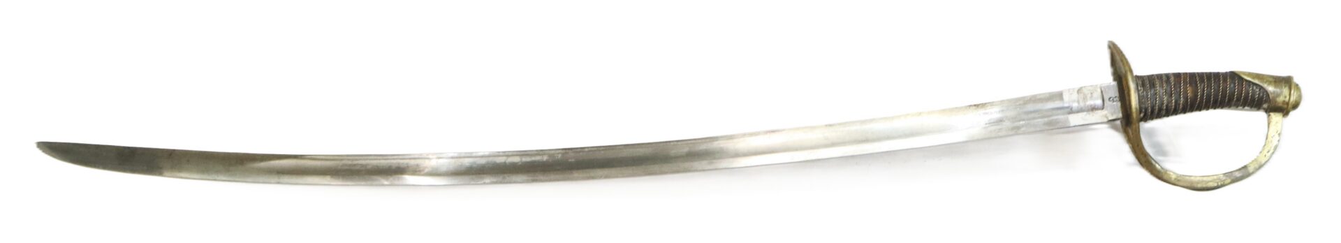 A curved, single-edged sword with a brass handguard and a wrapped handle, displayed on a white background.
