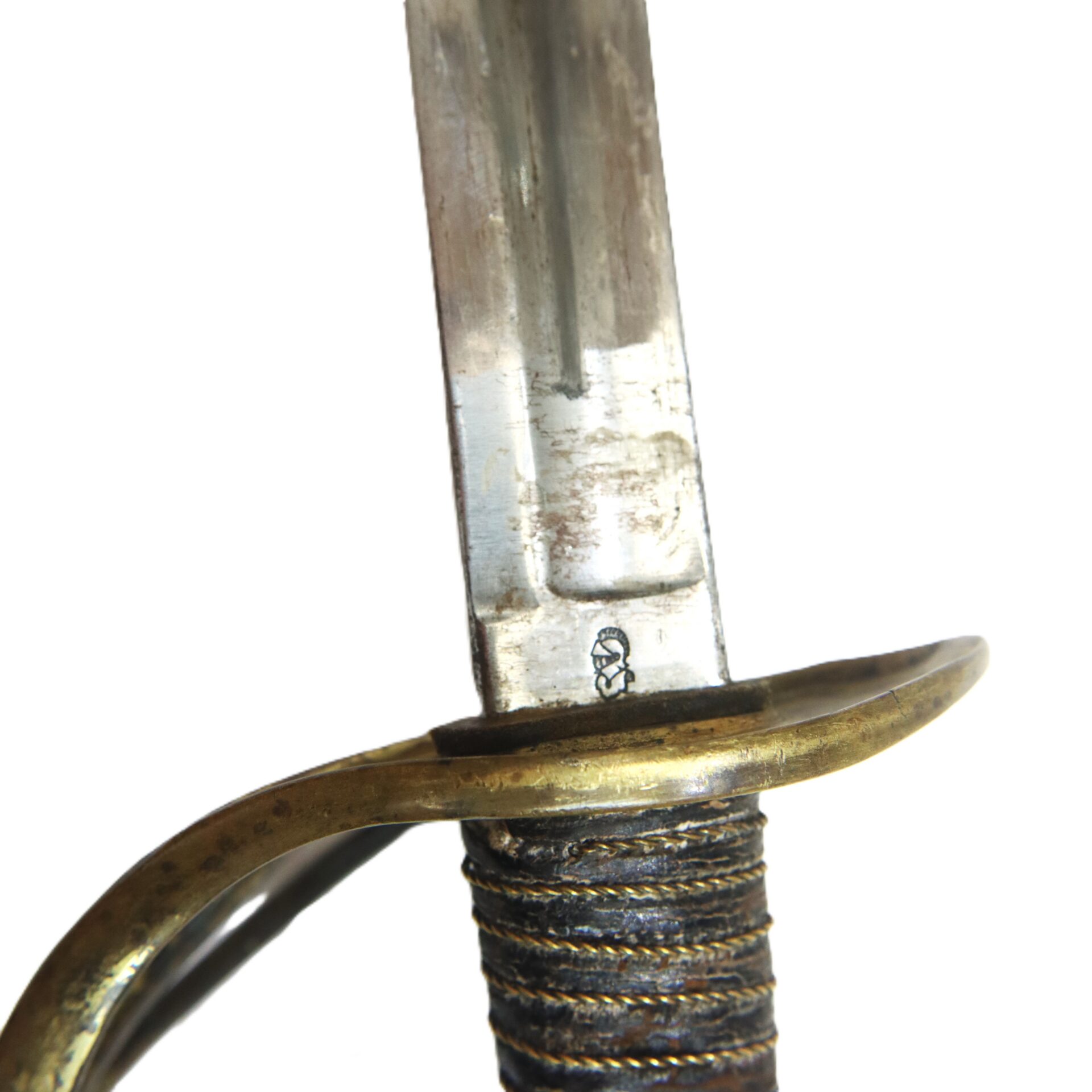 Close-up of the Kirschbaum Solingen Sword, showcasing a gilded brass hilt, wire-wrapped handle, and a partially tarnished steel blade with a stamped marking near the base; comes complete with scabbard.