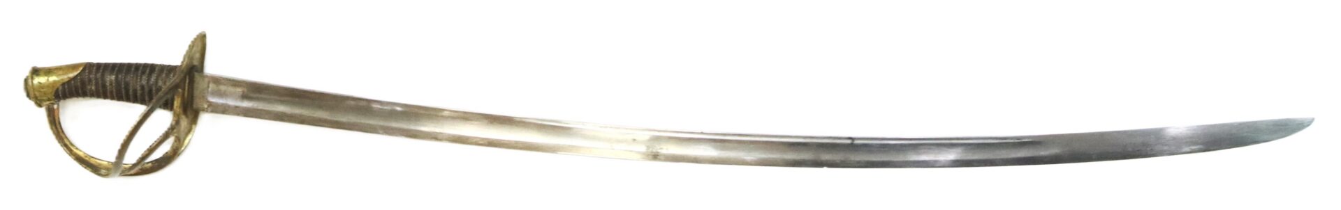 Curved metal saber with a brass hilt and guard, featuring a single-edged blade and a ribbed handle.