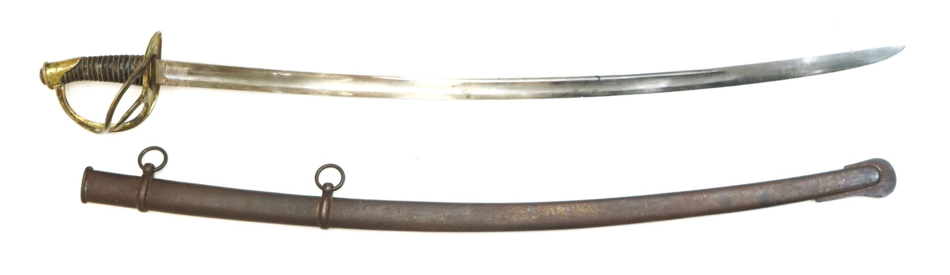 A curved sword with a brass hilt and handguard, displayed above its metal scabbard with two carrying rings, both against a white background.