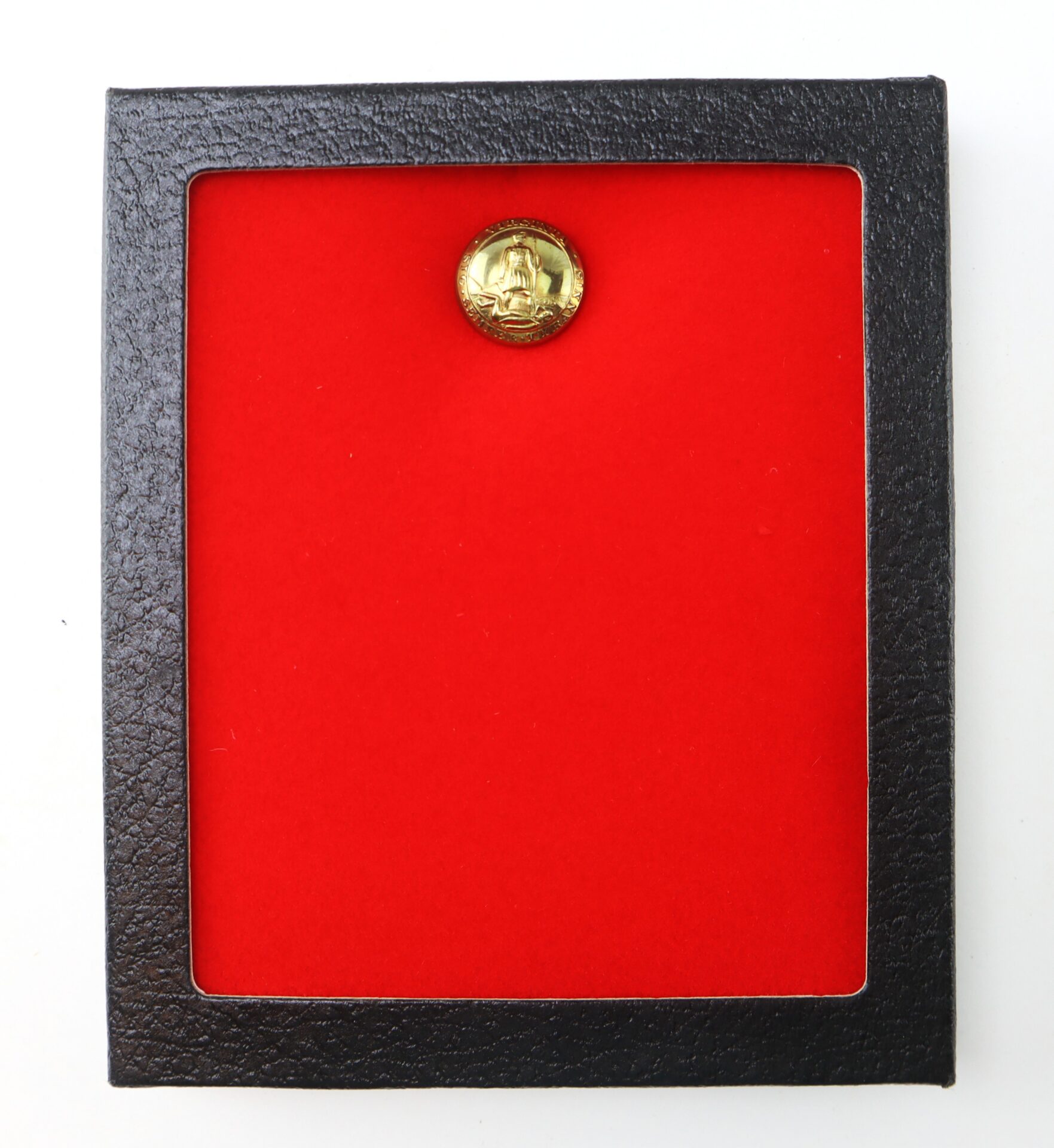 A single gold button displayed on a red background inside a black frame.