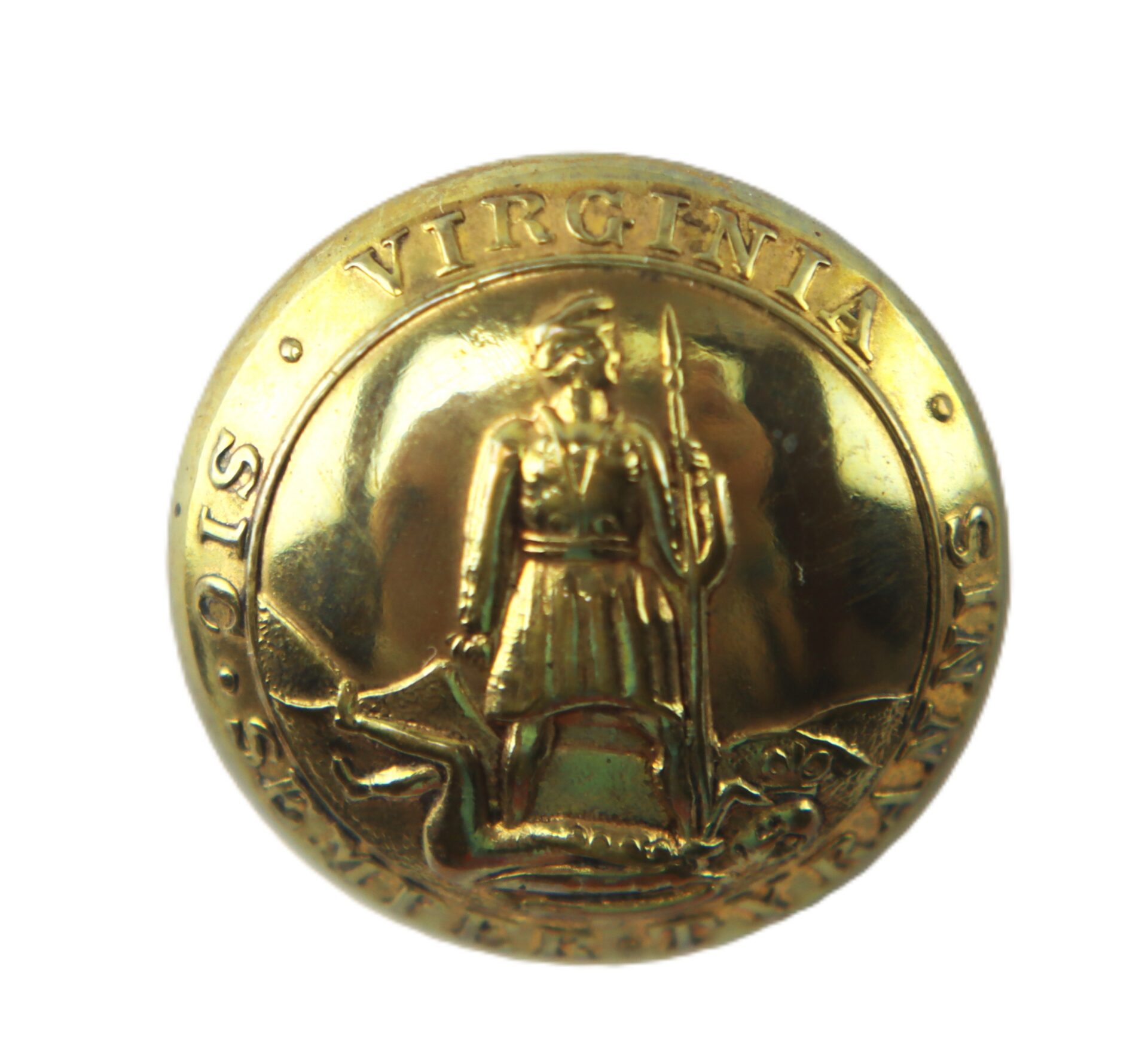 Gold uniform button featuring the Virginia state seal with a standing figure holding a spear and the words "Virginia" and "Sic Semper Tyrannis" around the edge.
