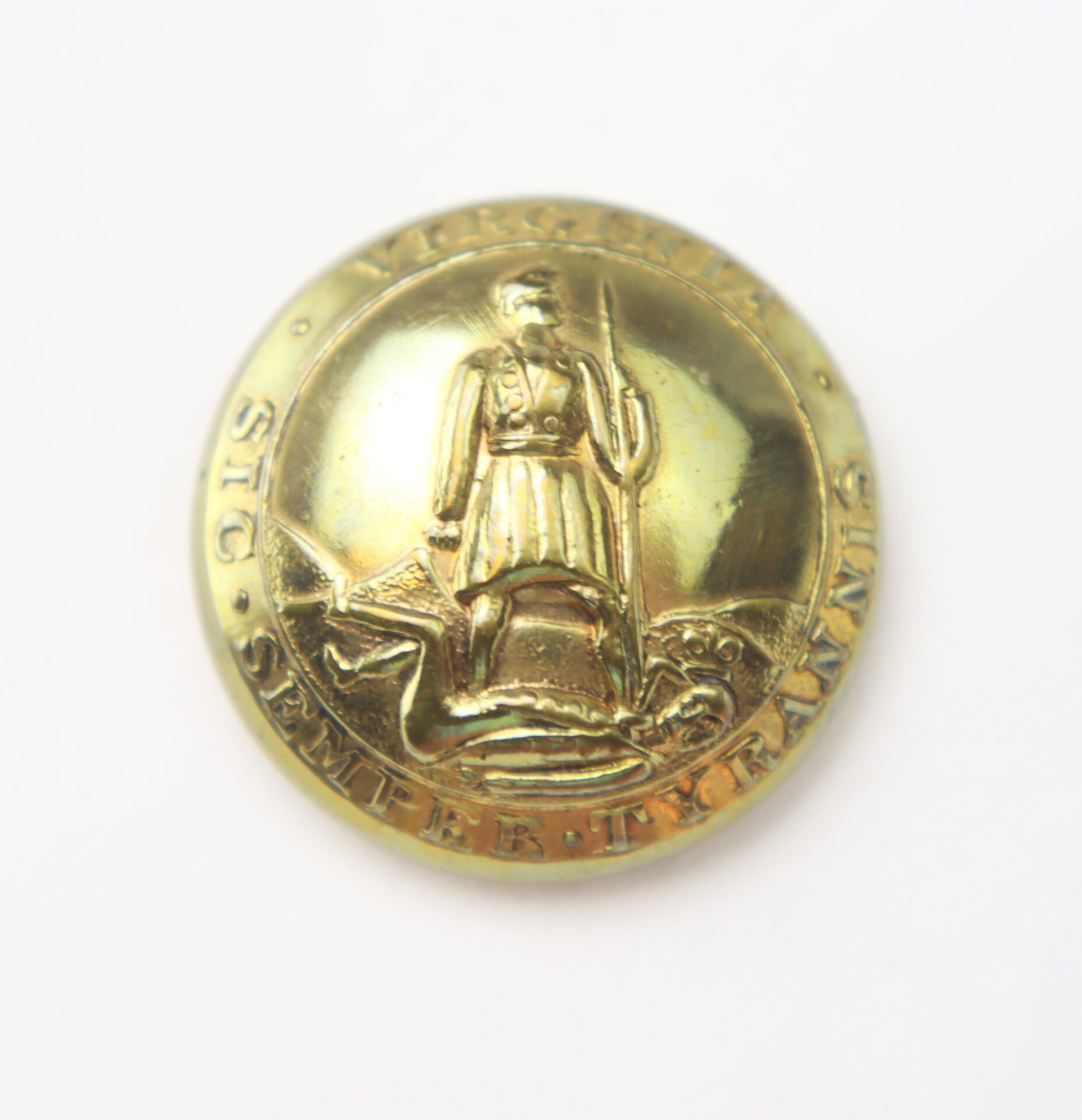 Gold-toned button with the Virginia state seal showing a figure standing over another, and the motto "Sic Semper Tyrannis" around the edge.