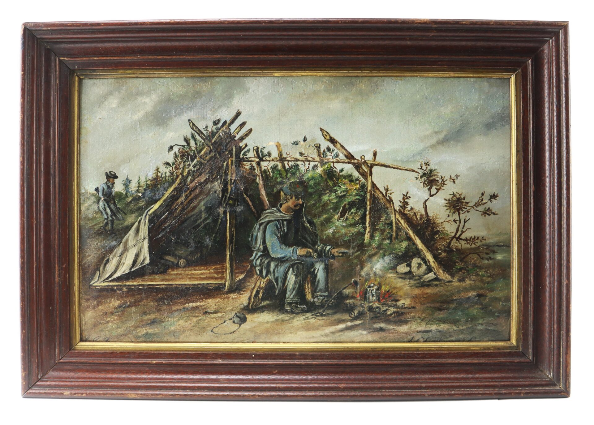 Framed painting of two figures by a rustic shelter; one sits by a small campfire under a cloudy sky, with trees and brush in the background.