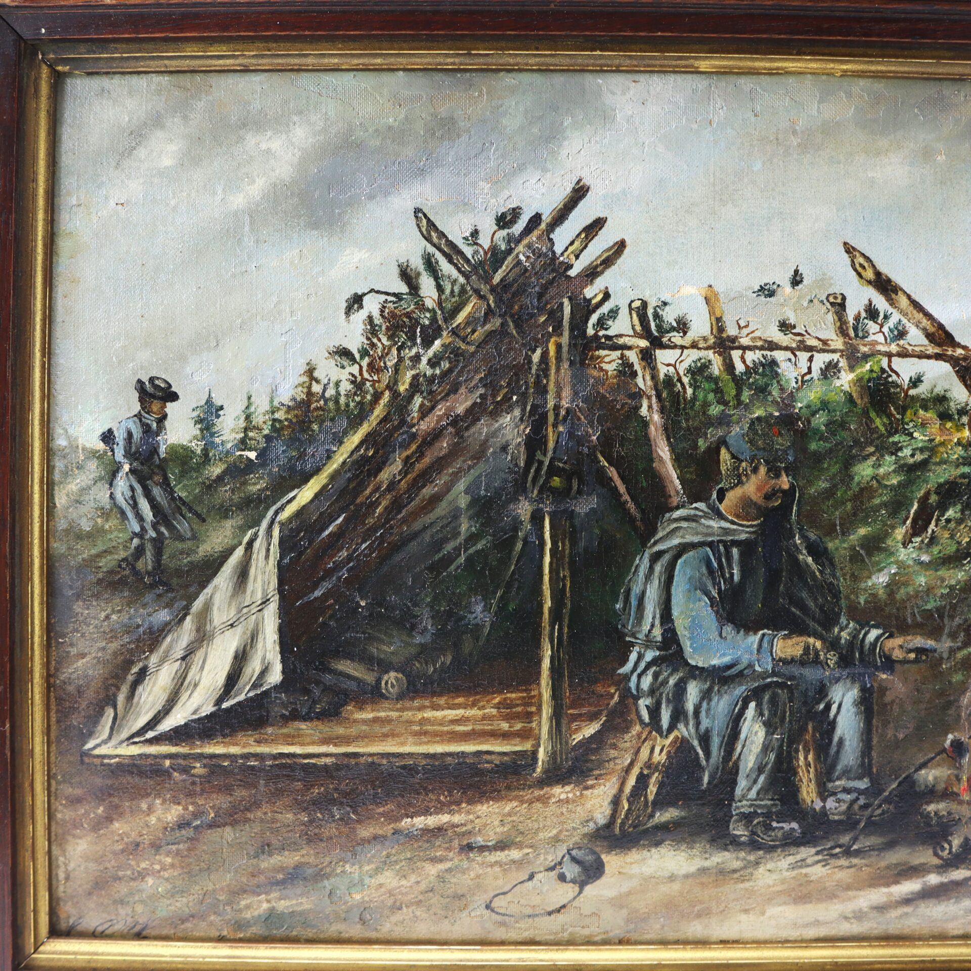 A painting depicts a man sitting in front of a makeshift wooden shelter, with a woman standing in the background near some trees under a cloudy sky.