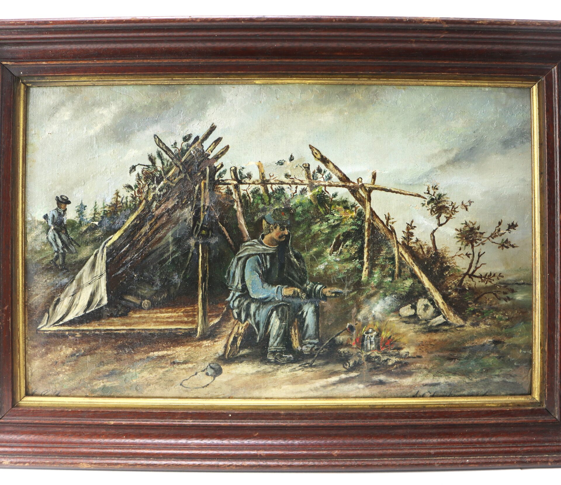 A painting of a man sitting by a campfire under a makeshift wooden shelter, with another man walking in the background surrounded by trees and cloudy skies.