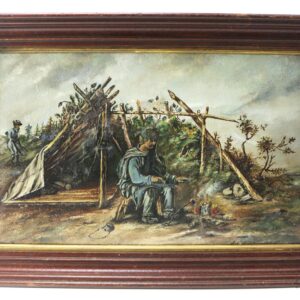 A painting depicts a man sitting by a campfire under a makeshift shelter in a forested area, while another figure stands in the background.