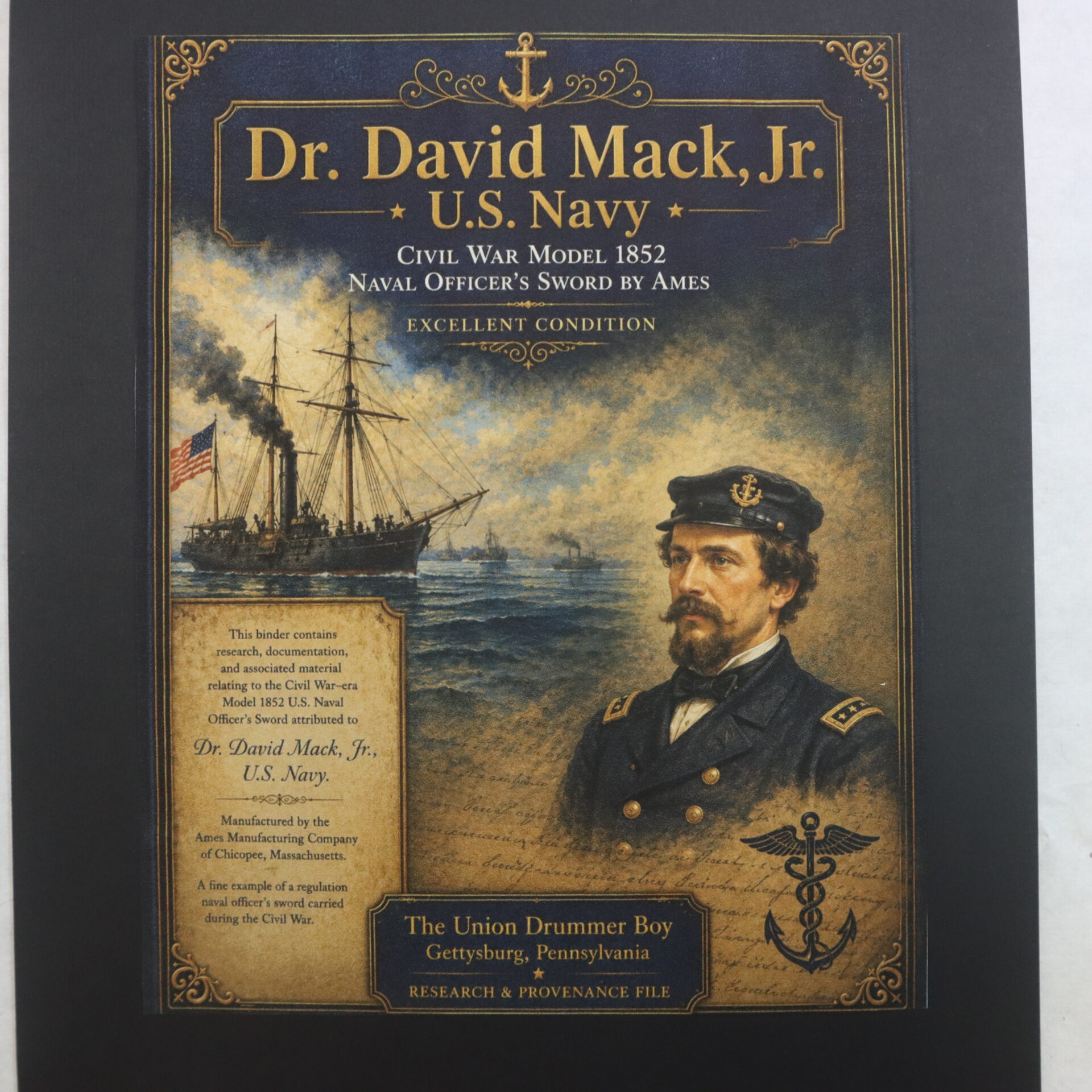 Poster featuring Dr. David Mack, Jr. of the U.S. Navy, highlighting a Civil War model 1852 naval officer's sword, with his portrait and a historic naval ship.