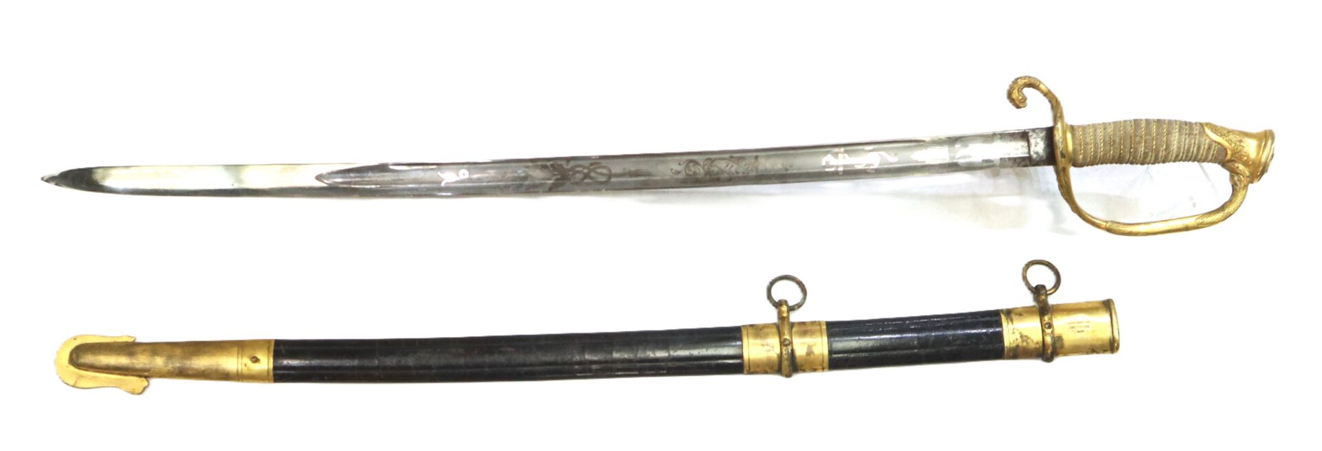 A ceremonial sword with a gold hilt and ornate guard is shown above a black scabbard with gold fittings, both displayed on a white background.