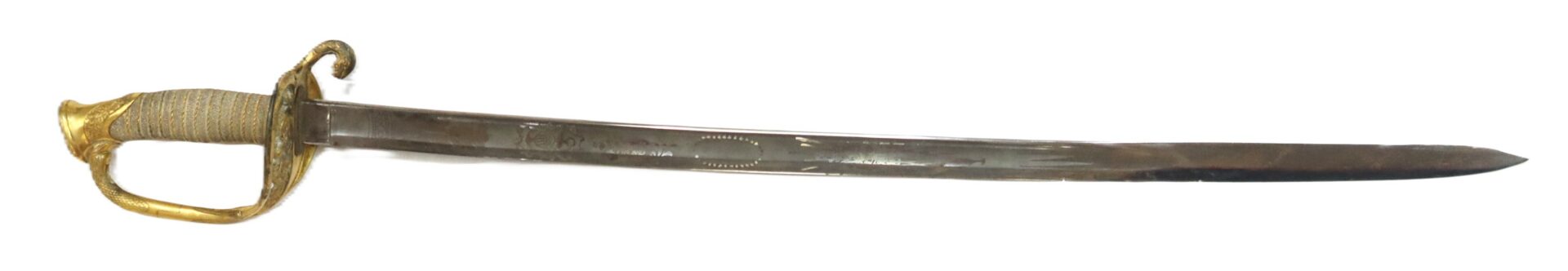 A vintage sword with a slightly curved steel blade, ornate gold-colored hilt, and a decorative handguard, displayed on a white background.
