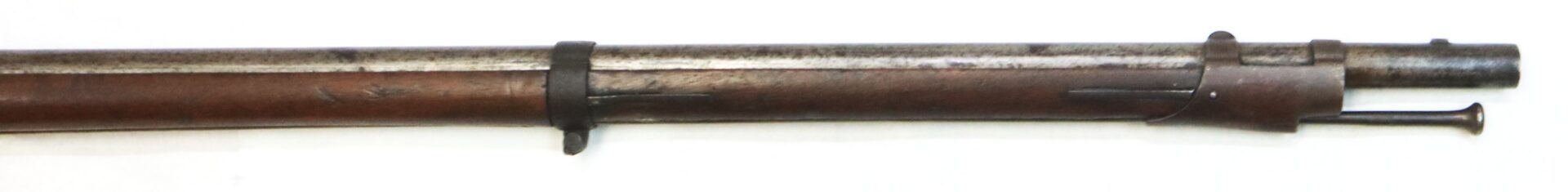 Close-up of the barrel and wooden stock of an antique rifle, showing the front sight, barrel band, and cleaning rod against a white background.