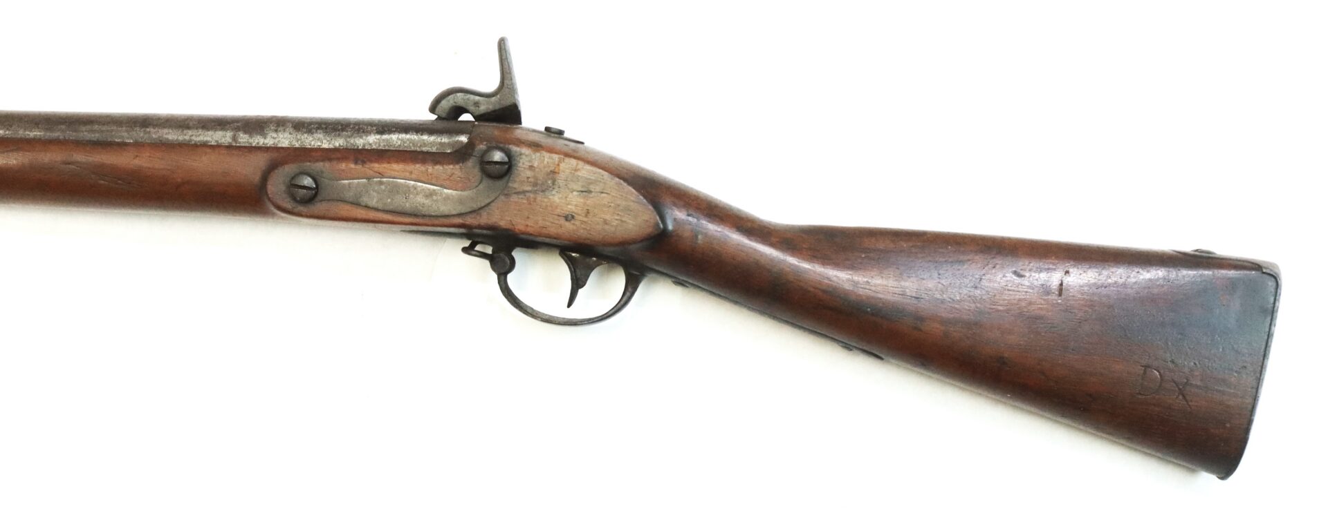 A vintage flintlock musket with a wooden stock and metal trigger mechanism, shown from the side on a white background.