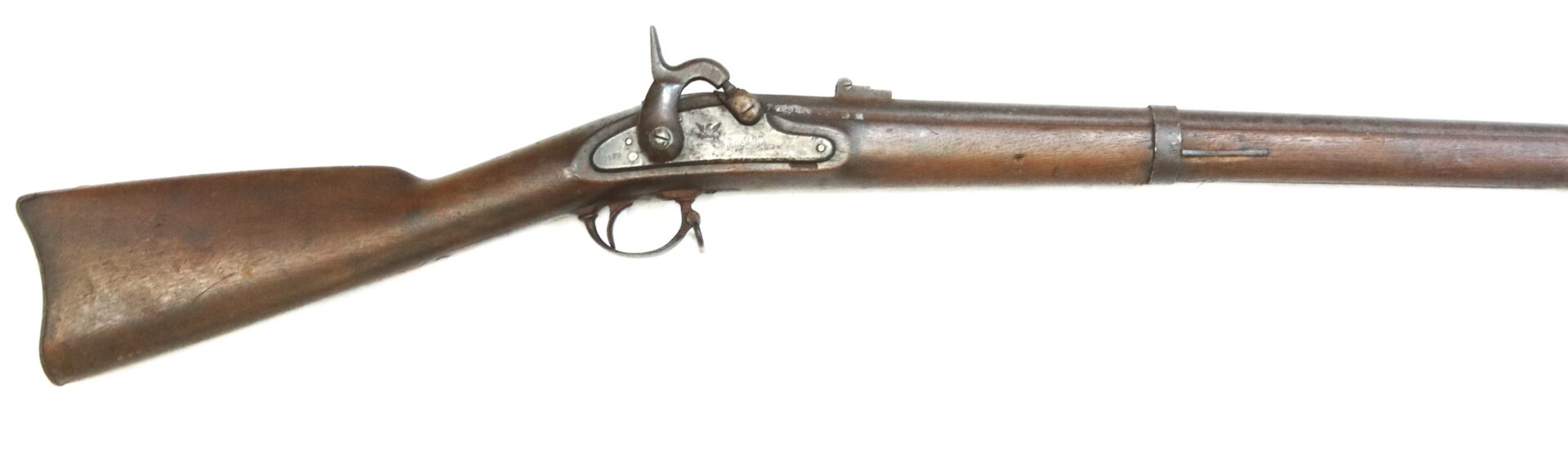 A vintage percussion cap rifle with a wooden stock and metal barrel, shown in a side profile against a white background.