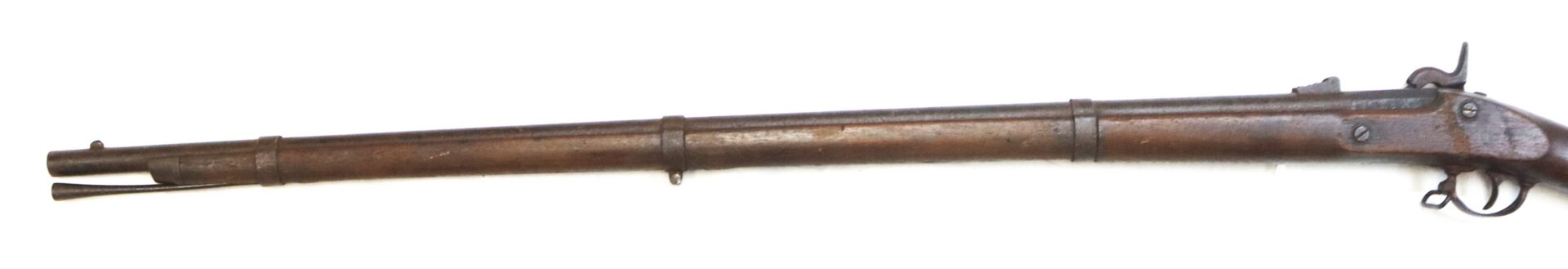Antique, rusted rifle with a double barrel and metal bands along the wooden stock, positioned on a white background.