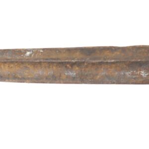 A rusted metal bayonet with a long, tapered blade and a mounting socket at the base, shown against a white background.