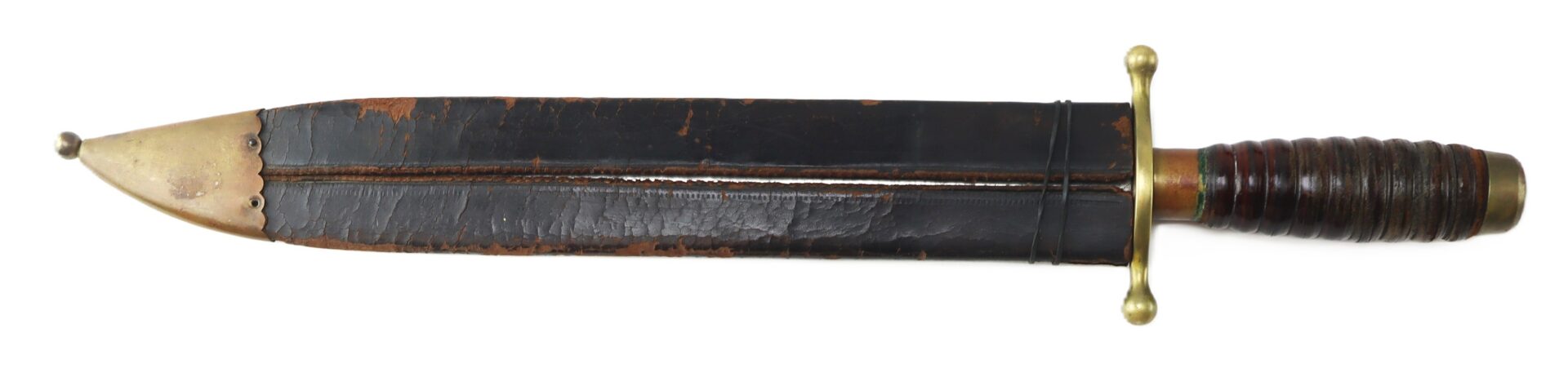 A short sword with a dark, worn leather scabbard, brass tip and guard, and a ribbed wooden handle.