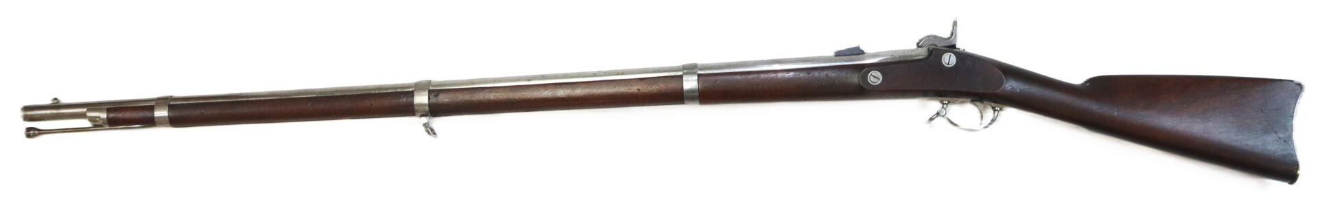 A vintage bolt-action rifle with a wooden stock and metal barrel, viewed from the side against a white background.