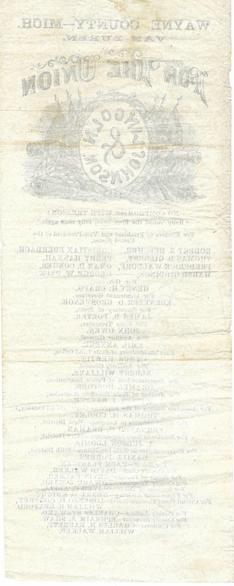 Faded, old newspaper page from Wayne County, Michigan, shown upside down with visible text and emblem, dated November 2, 1882.