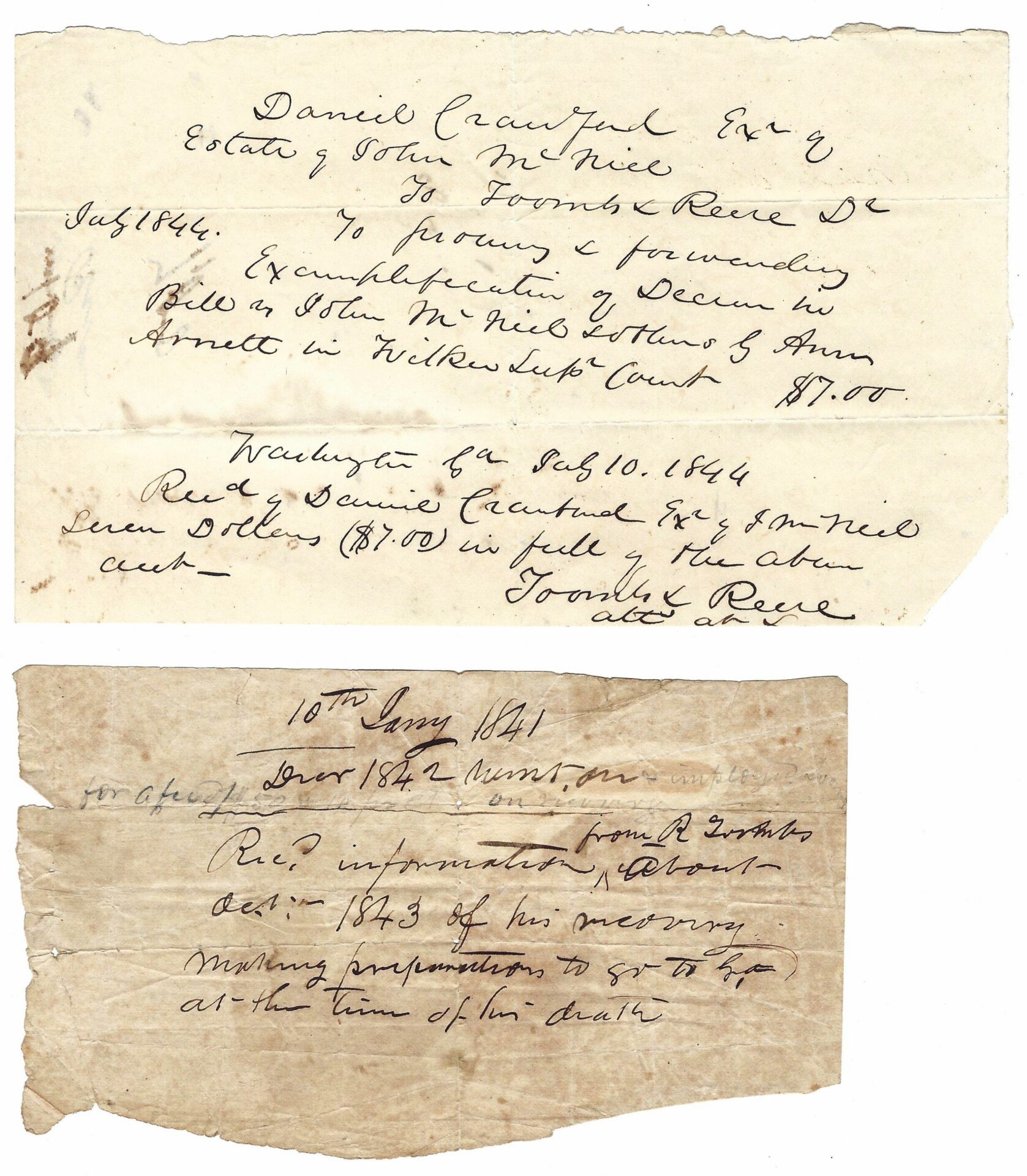 Two pieces of old handwritten paper with legal and financial notes regarding the estate of John McNiel, dated 1844 and 1841, mentioning receipts, forwarding, and specific dollar amounts.