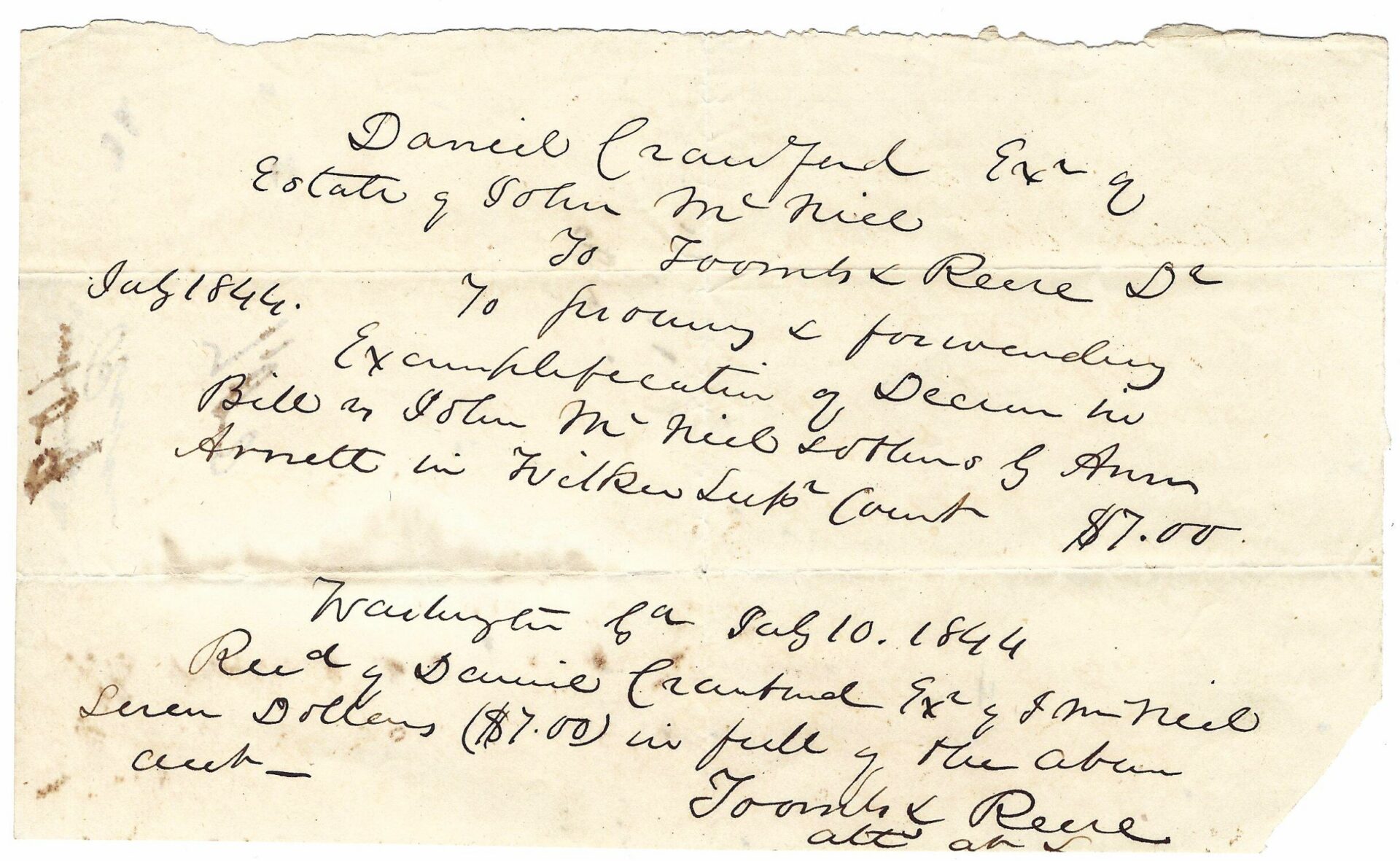 A handwritten letter dated Aug 10, 1844, documents a $7 payment from Daniel Cranford to Township Reeve for probate and forwarding expenses regarding the estate of John McNiece.