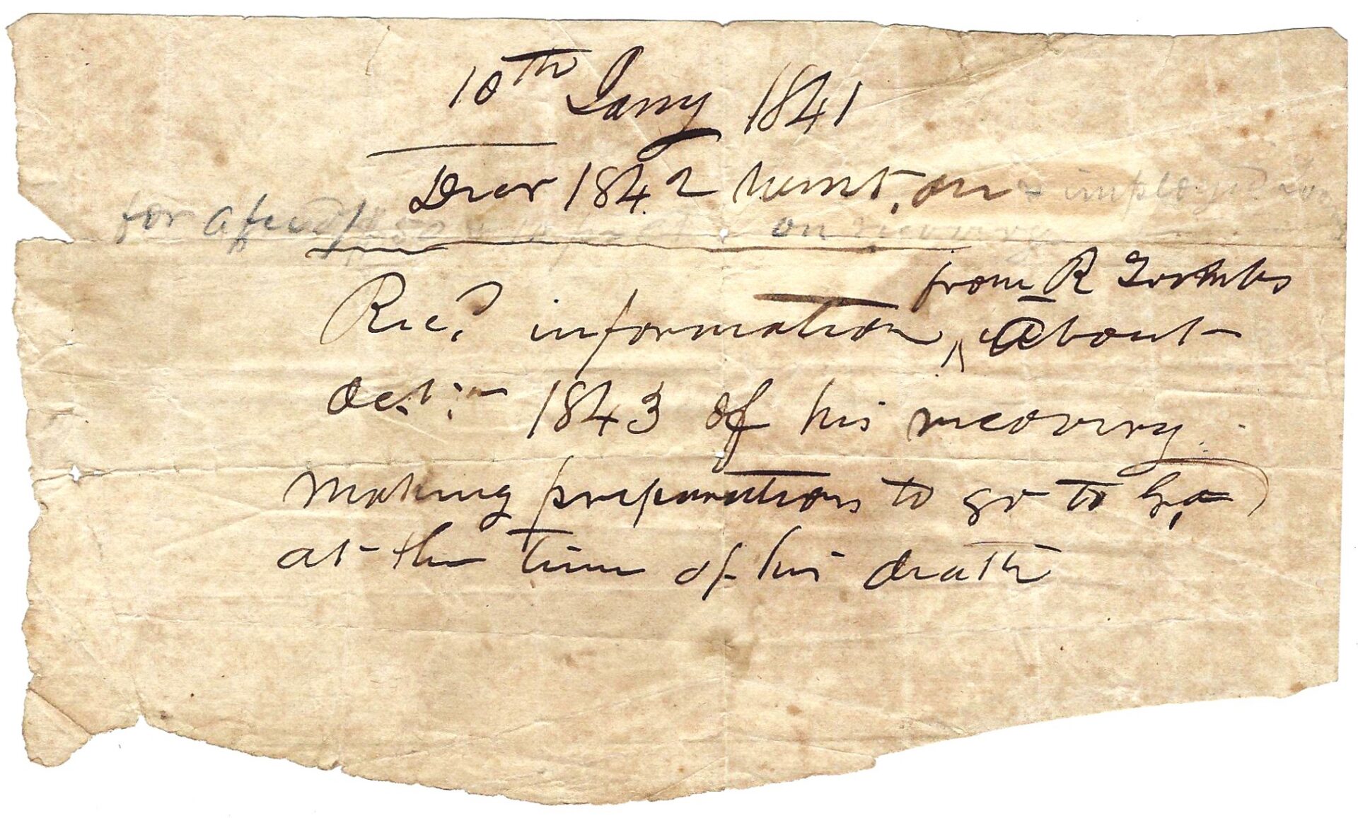 A worn, yellowed handwritten note dated 10th January 1841 with cursive script mentioning information received in December 1873 and preparations to go to Goa at the time of death.