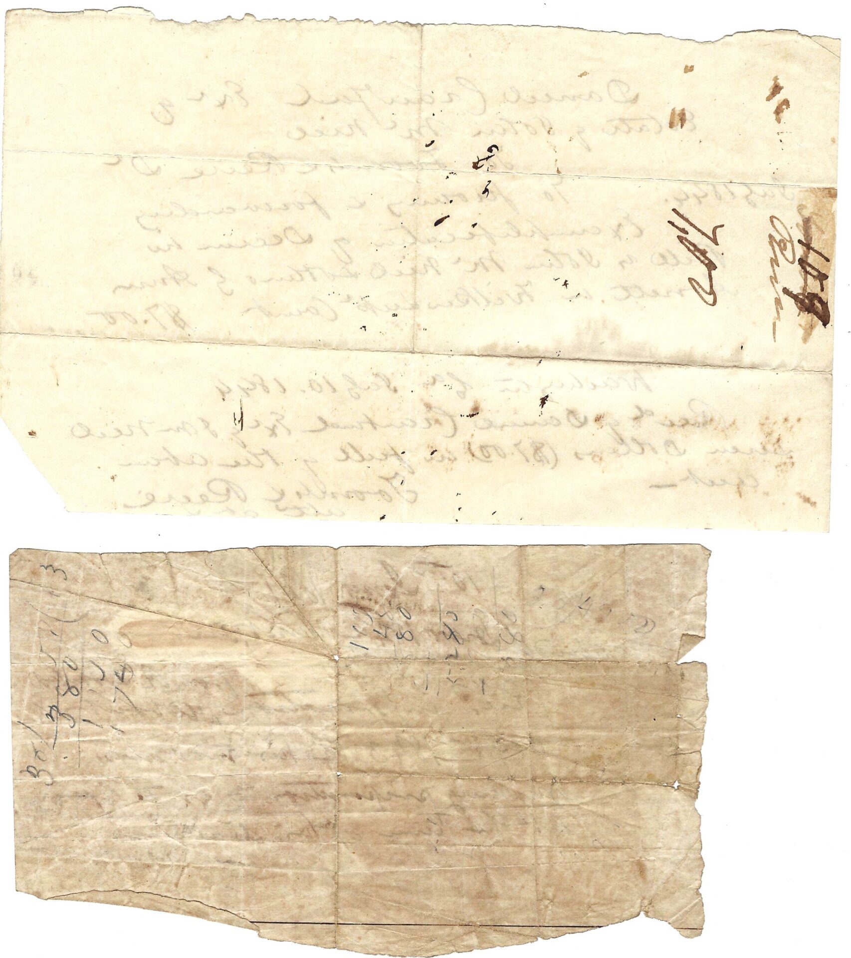 Two pieces of aged, creased paper with faint, handwritten text, some ink blots, and visible fold lines. The writing is faded and difficult to read.