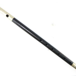 A black and silver tin whistle with six finger holes is shown on a white background.