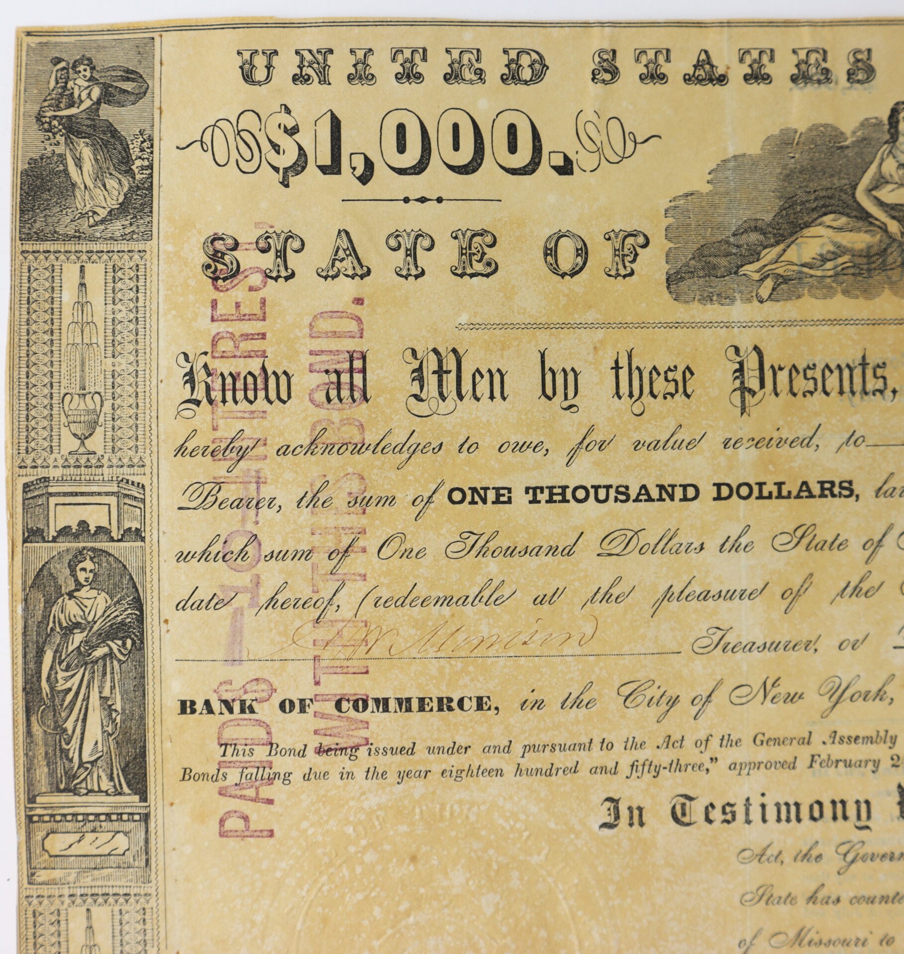 Close-up of an old $1,000 United States bond certificate, featuring ornate designs, text, and a red “PAID” stamp.