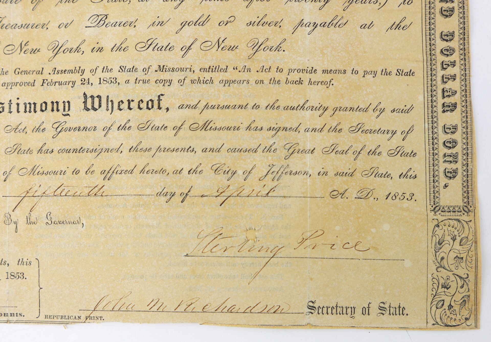 A close-up of an official 1853 Missouri document, featuring signatures, ornate border, and handwritten details including the words “Sterling Price” and “April”.