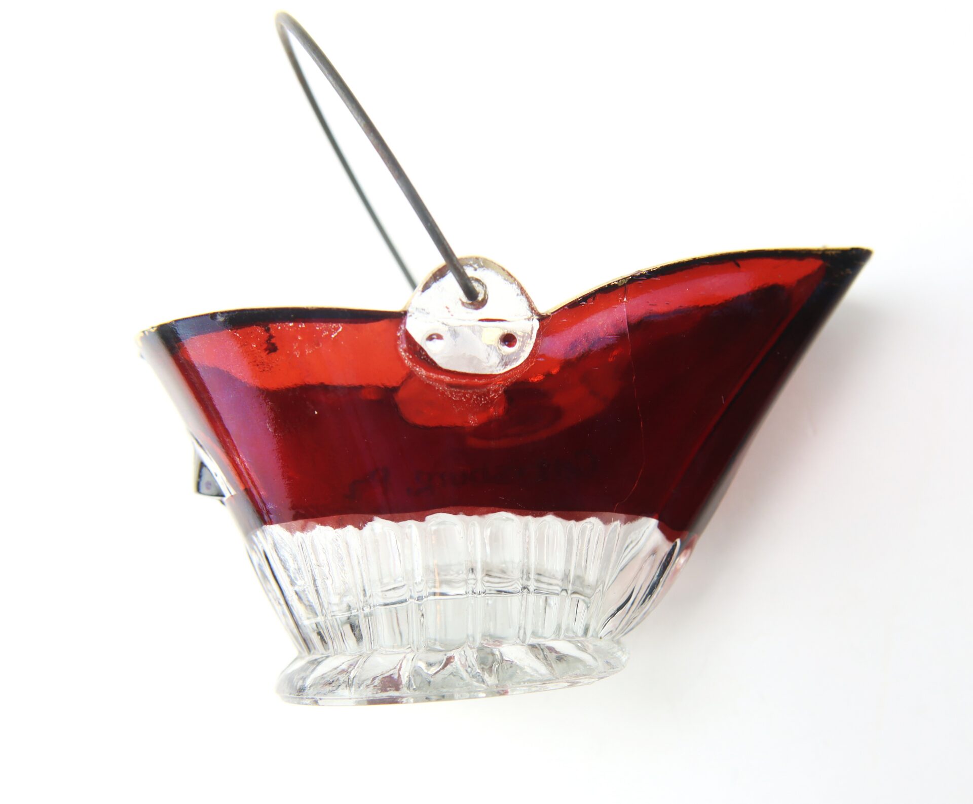 Clear glass bowl with a deep red, scalloped rim, featuring a metal hanging wire and an attached white plastic hanger, photographed against a white background.