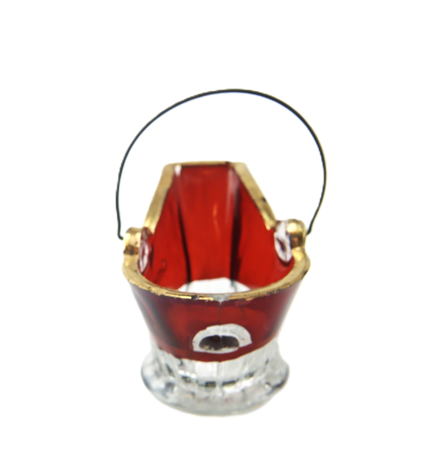 Small red and clear glass bucket with a black handle and gold trim, viewed from the front against a white background.
