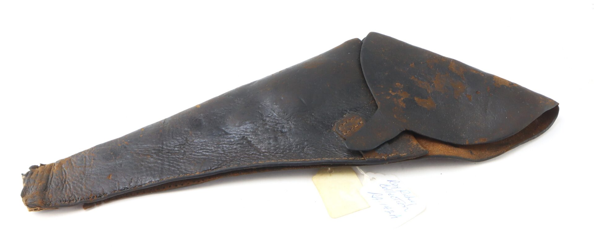 A worn, dark leather holster with visible creases and minor surface damage, lying flat on a white background.