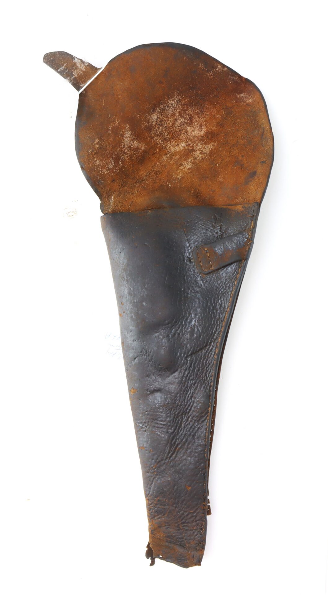 A worn, brown and black leather holster with a rounded flap at the top, displayed against a white background.