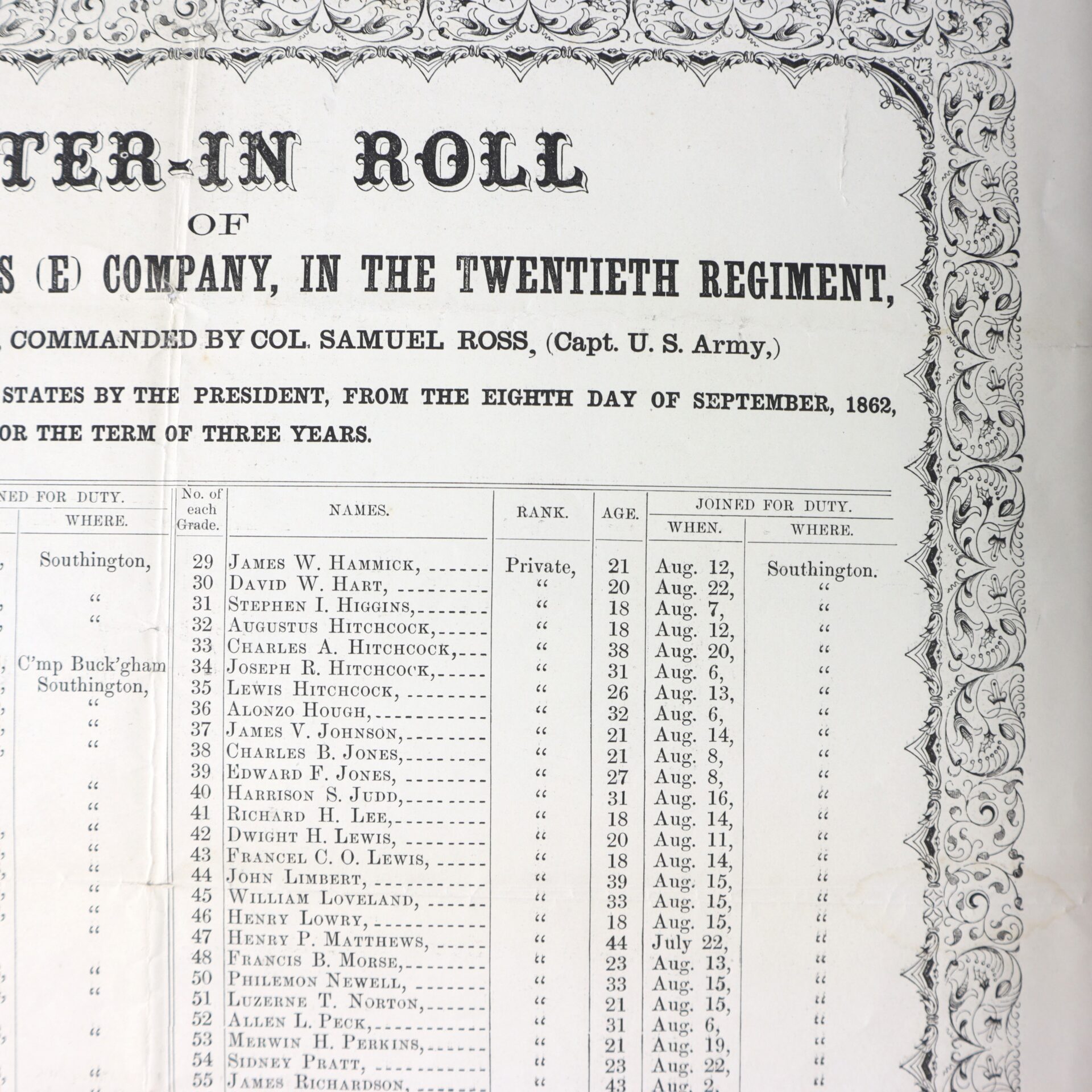 Close-up of a historical muster-in roll listing names, ranks, ages, and enlistment dates of soldiers from the 20th Regiment, dated August 1862, with ornate black-and-white border design.