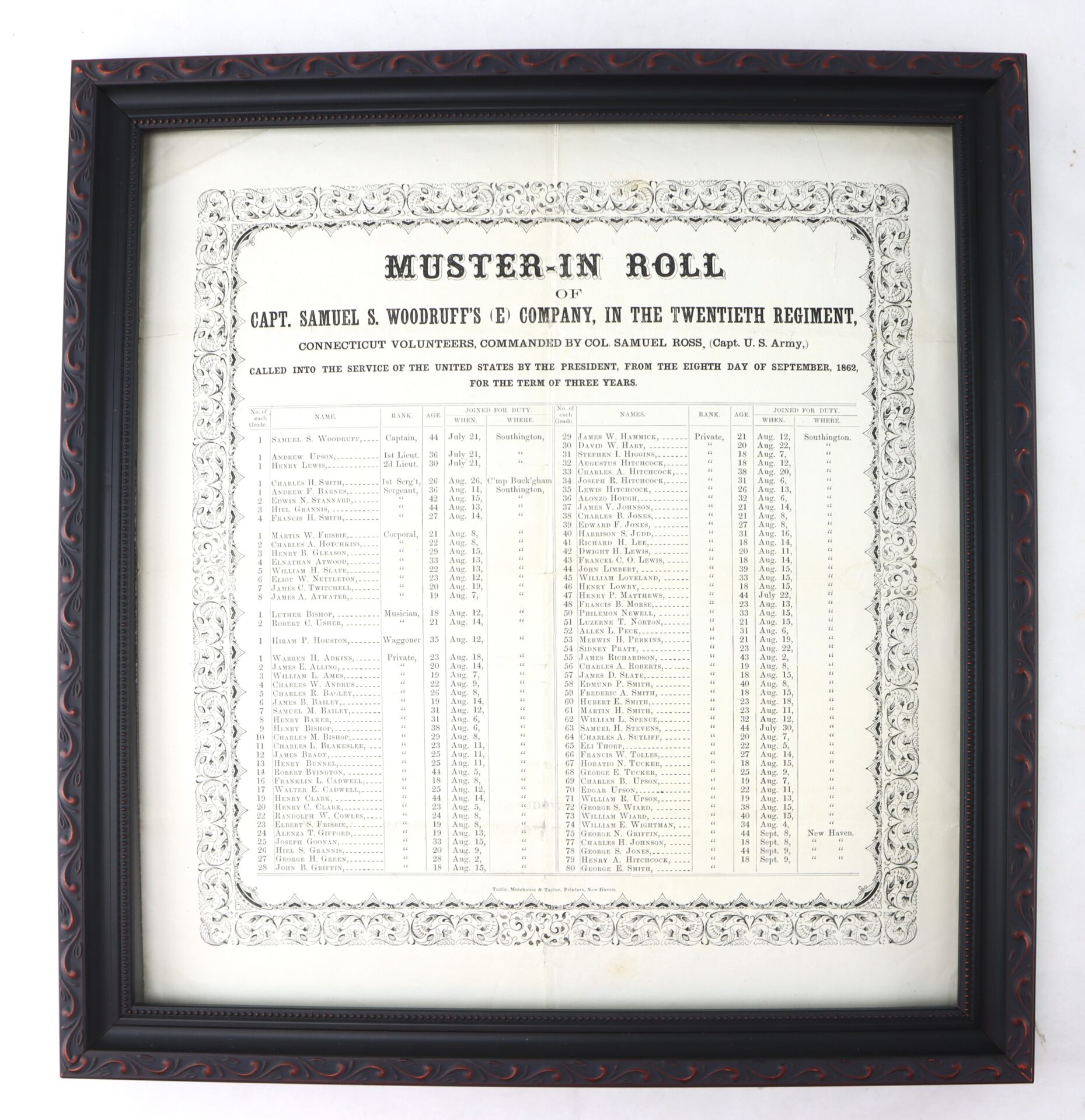 Framed document titled “Muster-In Roll” listing names and details of soldiers in Capt. Samuel S. Woodruff’s Company E, Twentieth Connecticut Regiment, dated September 8, 1862.