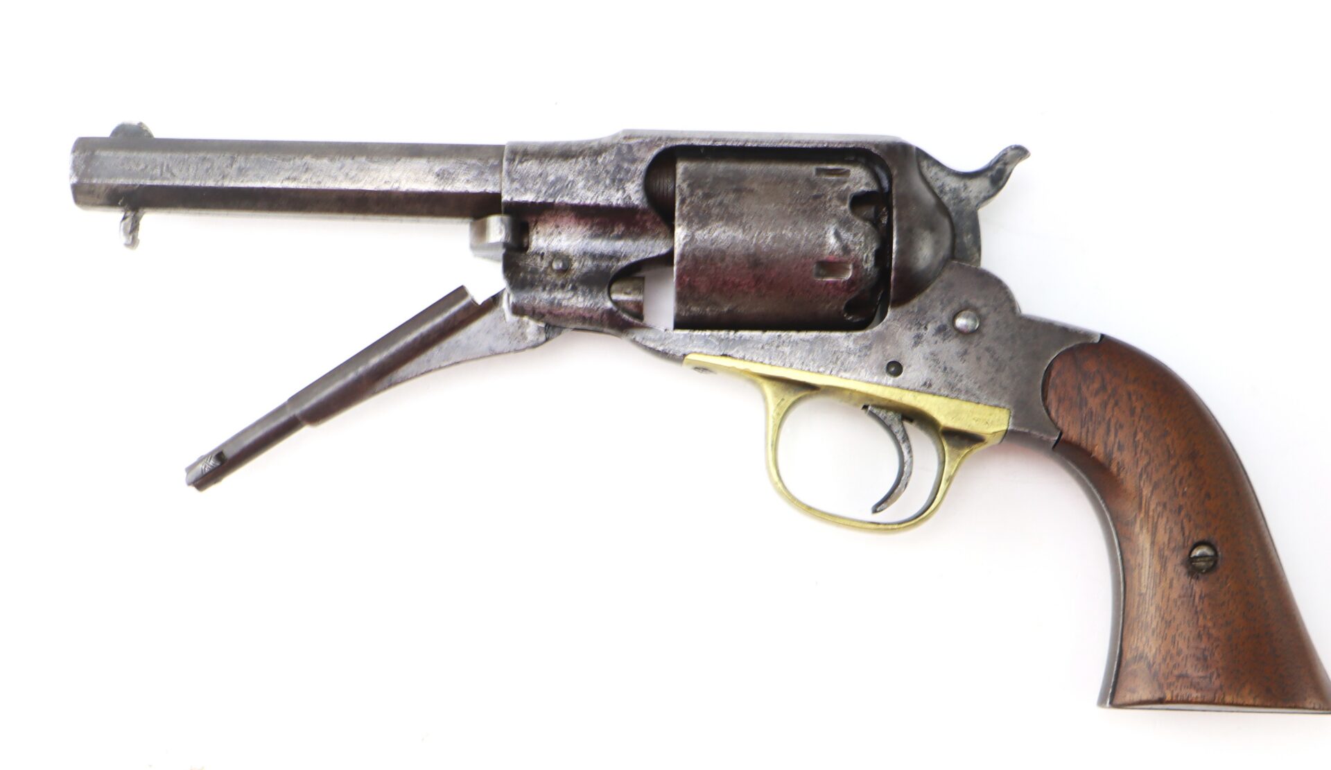 Old revolver with a broken barrel and wooden handle, shown on a white background.