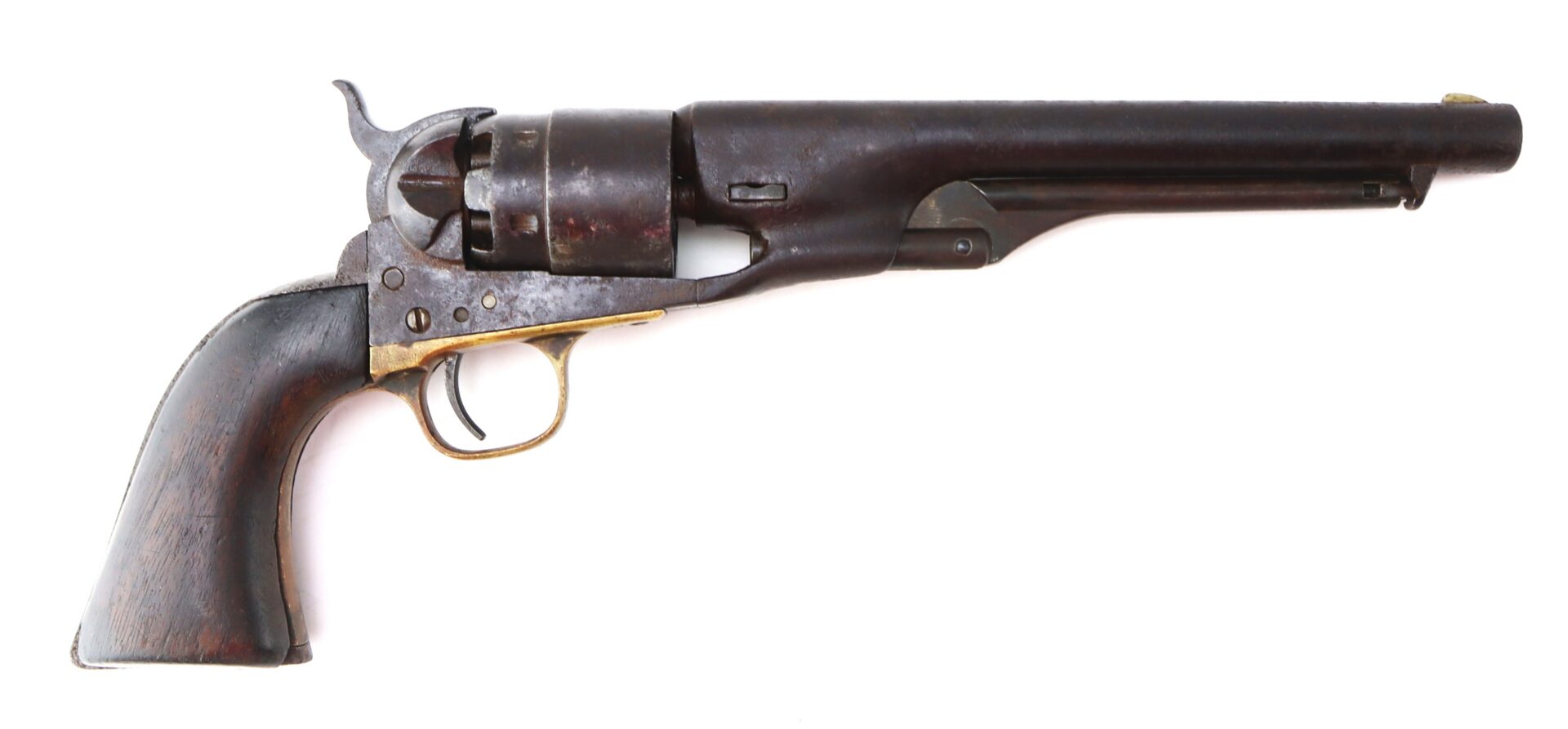 A vintage black powder revolver with a wooden grip, metal frame, and long barrel is shown on a white background.