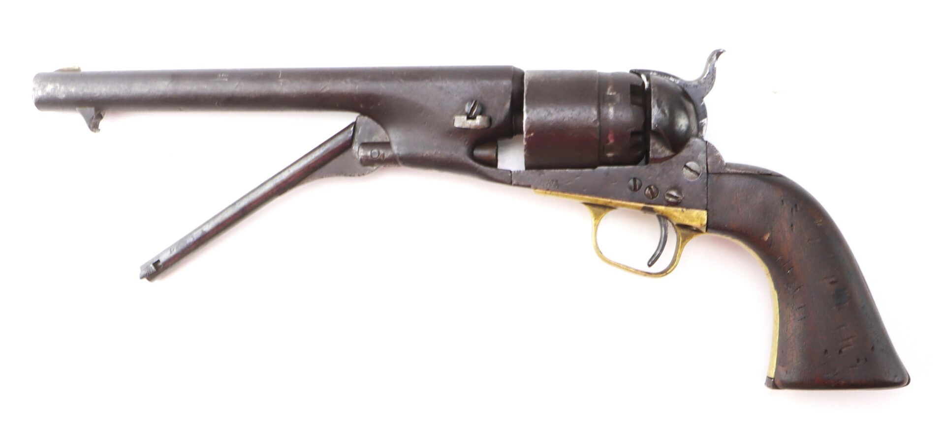 An antique black powder revolver with a long barrel, wooden grip, brass trigger guard, and loading lever extended, displayed on a white background.