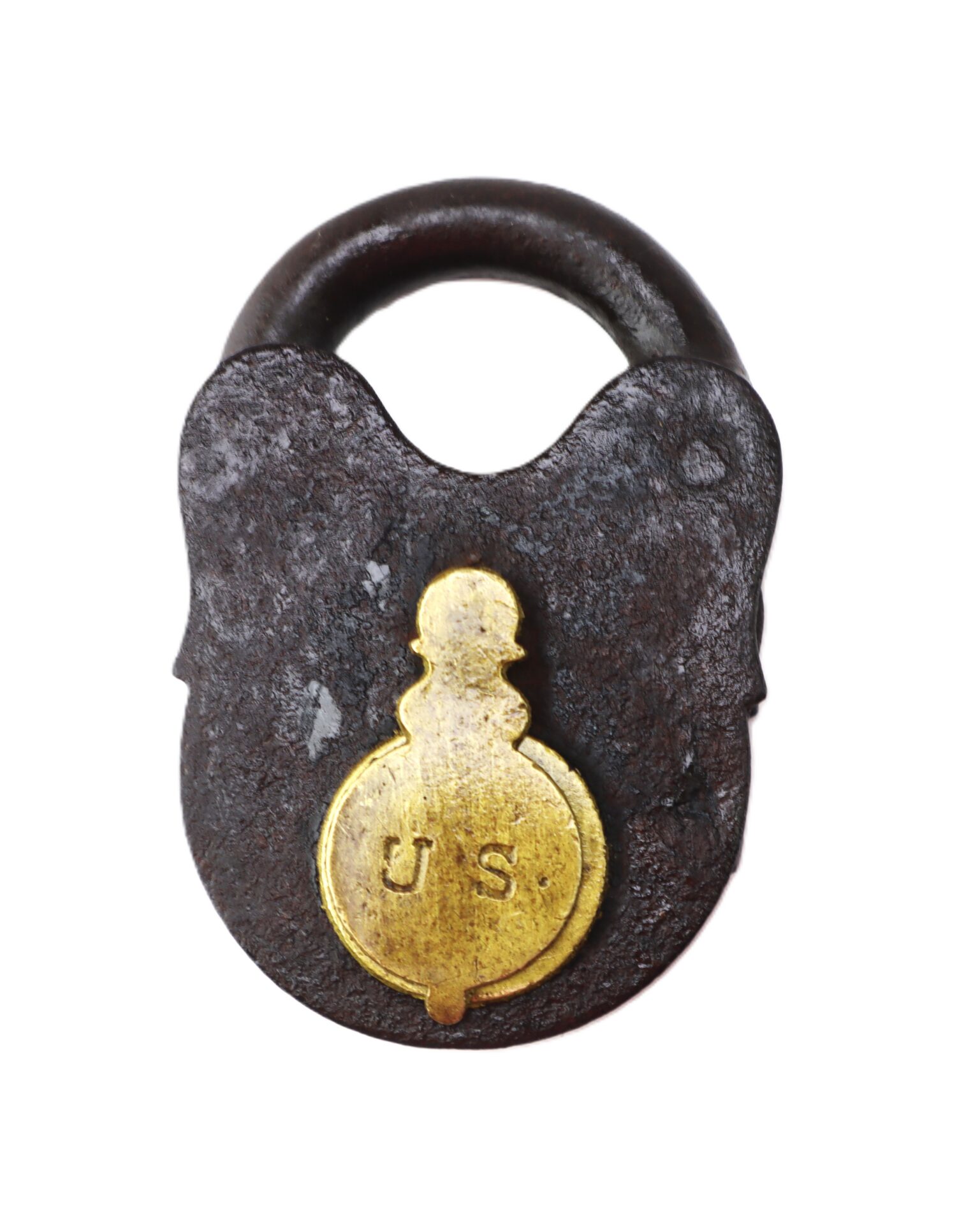 Old padlock with a black iron body and a round brass plate marked “U S” on the front, shown against a white background.