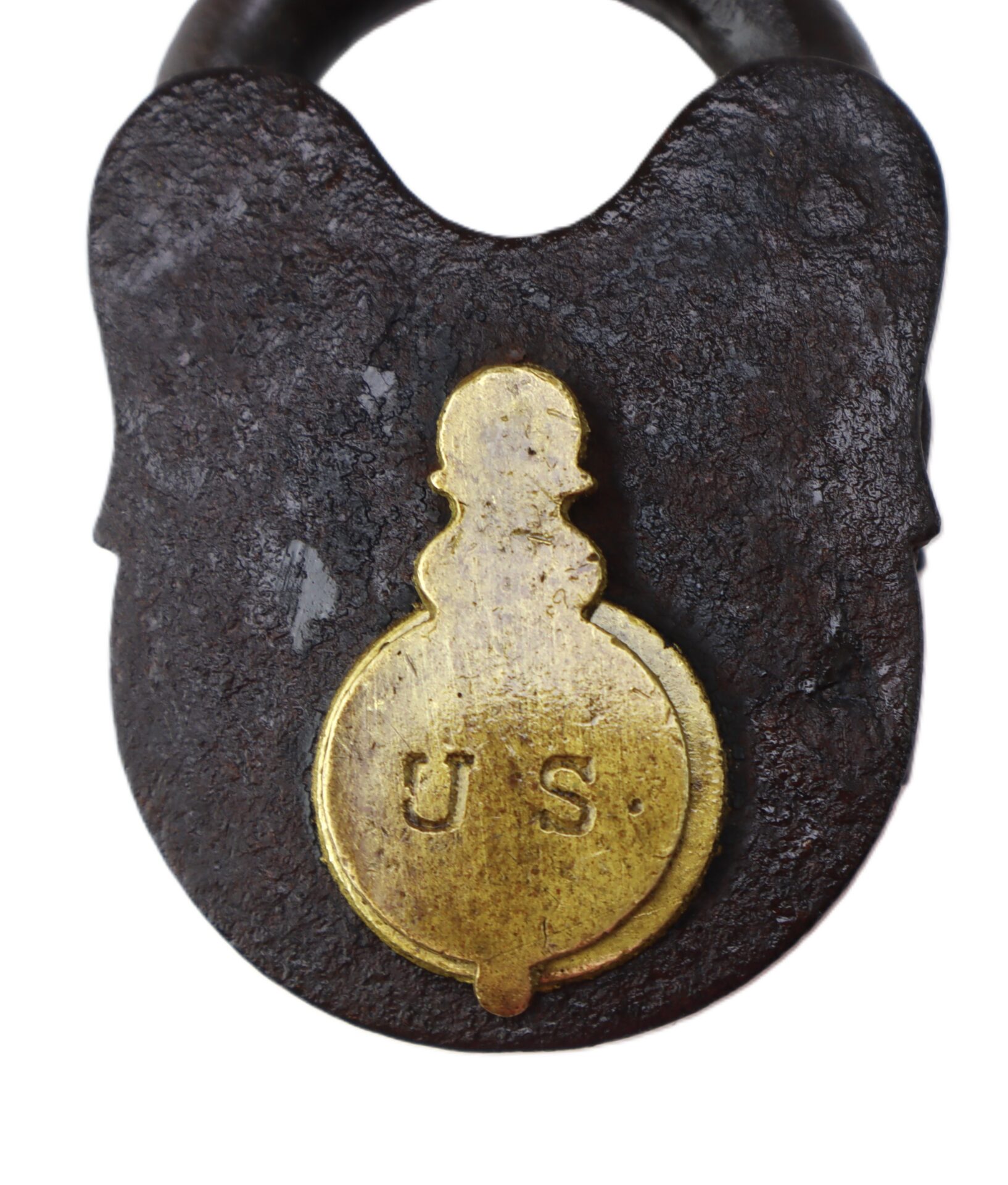 Antique iron padlock with a brass plate engraved with the letters “U.S.” on its front.