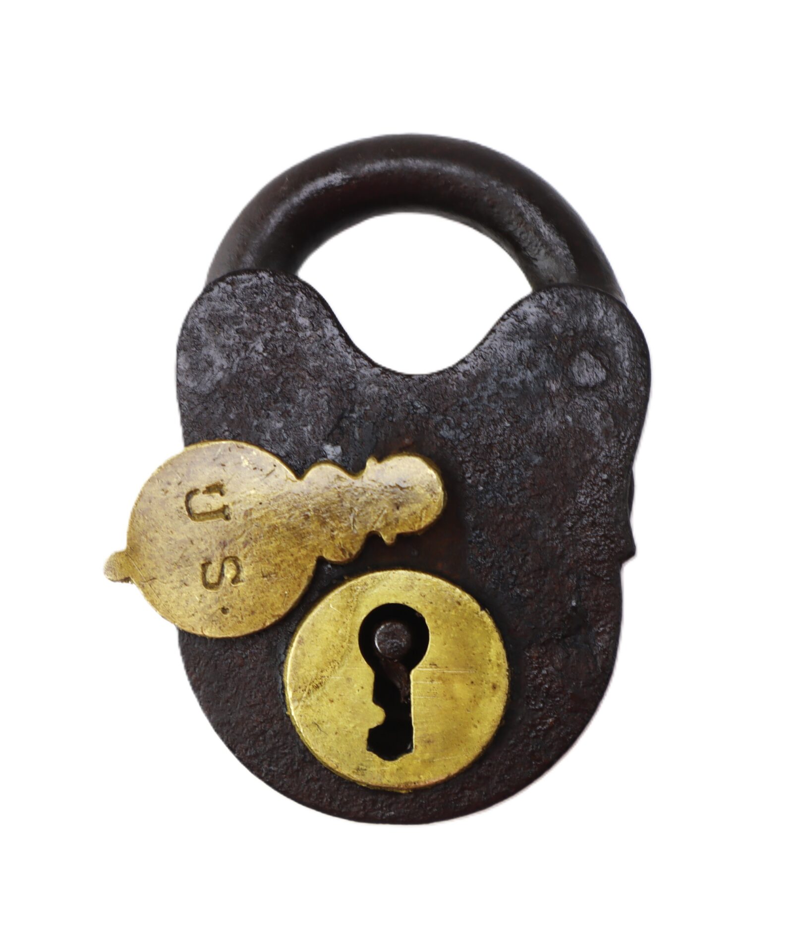 Old metal padlock with a brass key inserted, both showing signs of wear; the key is stamped with the letters “U.S.” and is positioned above the brass keyhole.