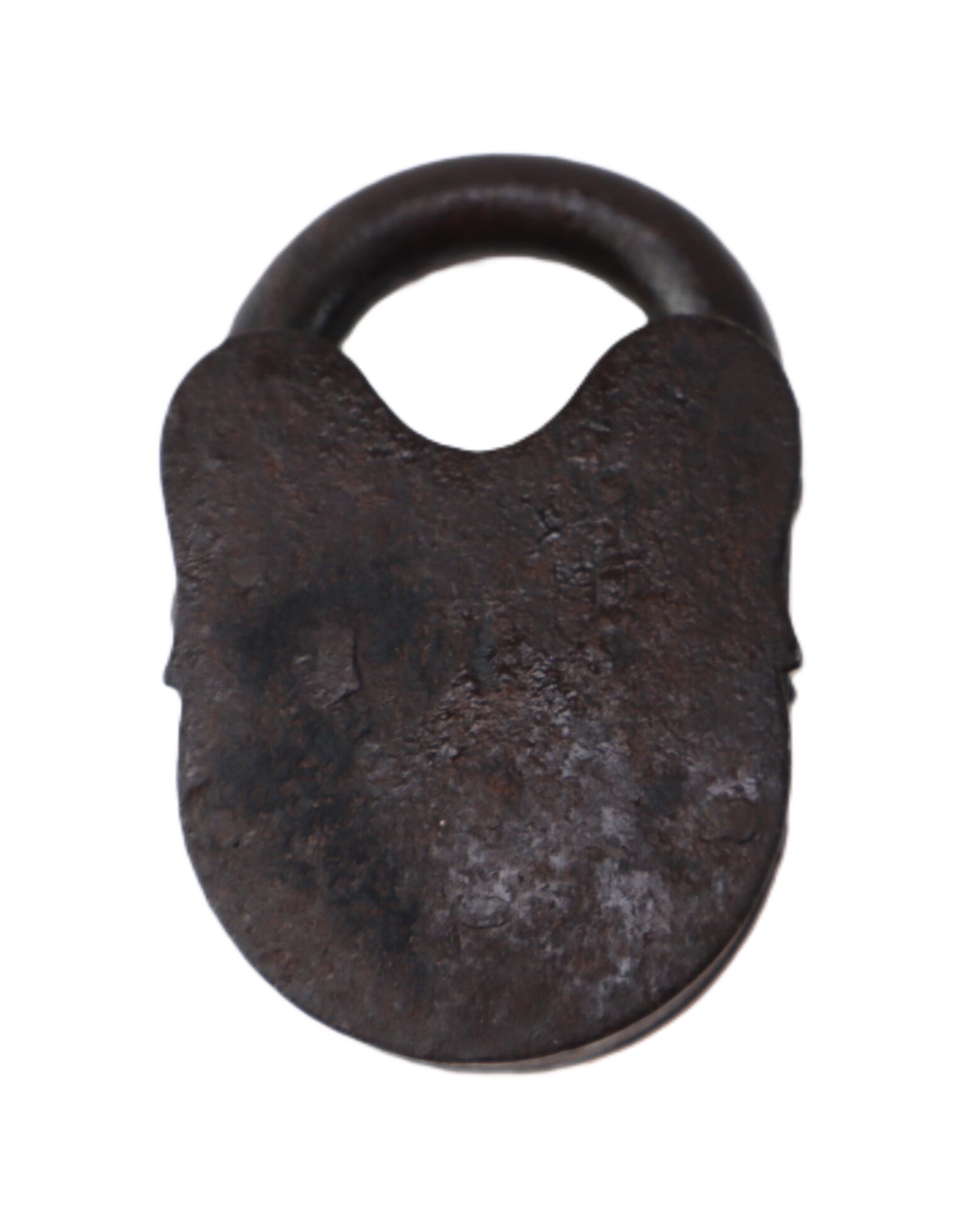 Old, rusted iron padlock with a rounded top and flat bottom, photographed against a white background.