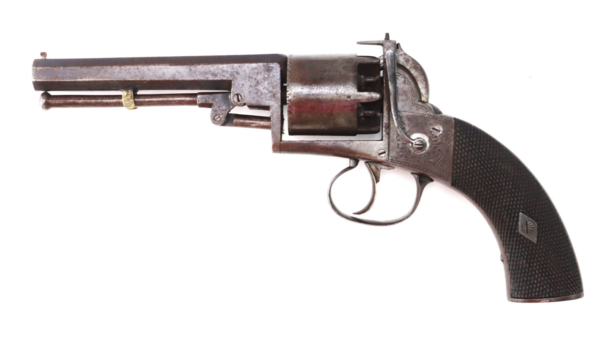 Antique, rusted revolver with a dark textured grip, displayed in profile against a white background.