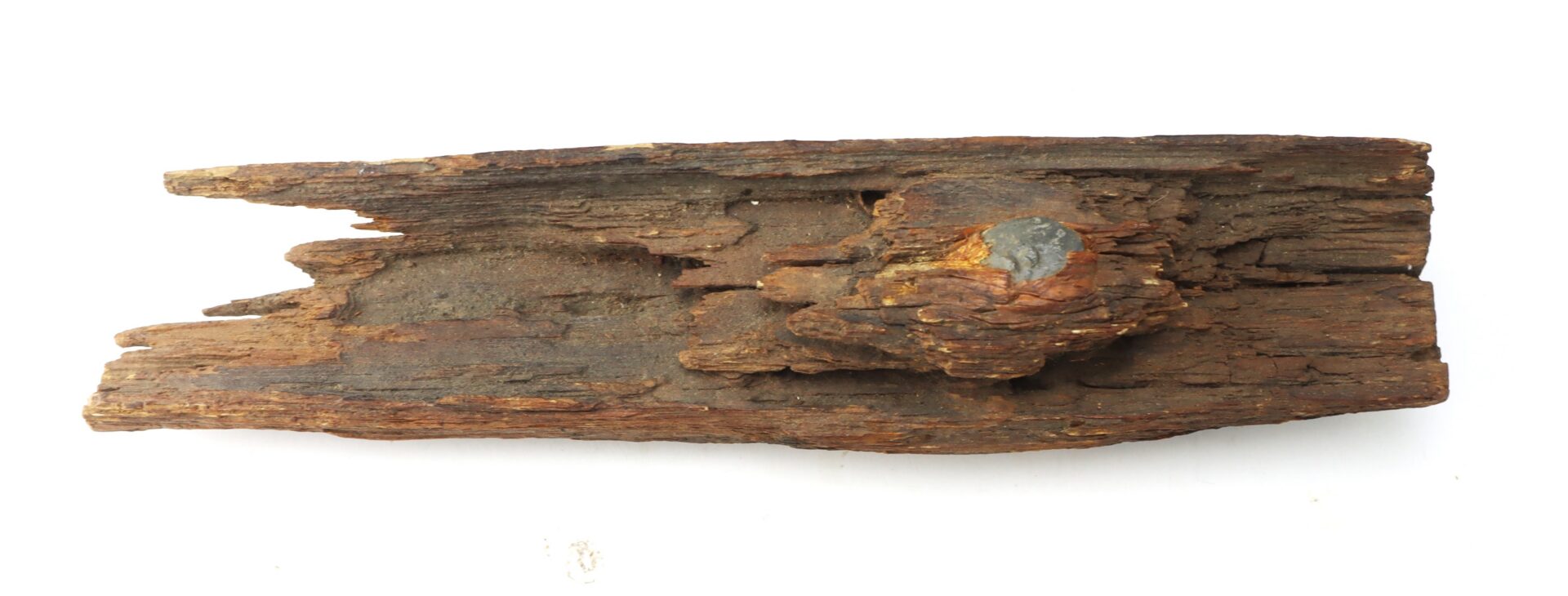 A piece of weathered, brown, and splintered wood with a knot and rough texture, displayed on a white background.